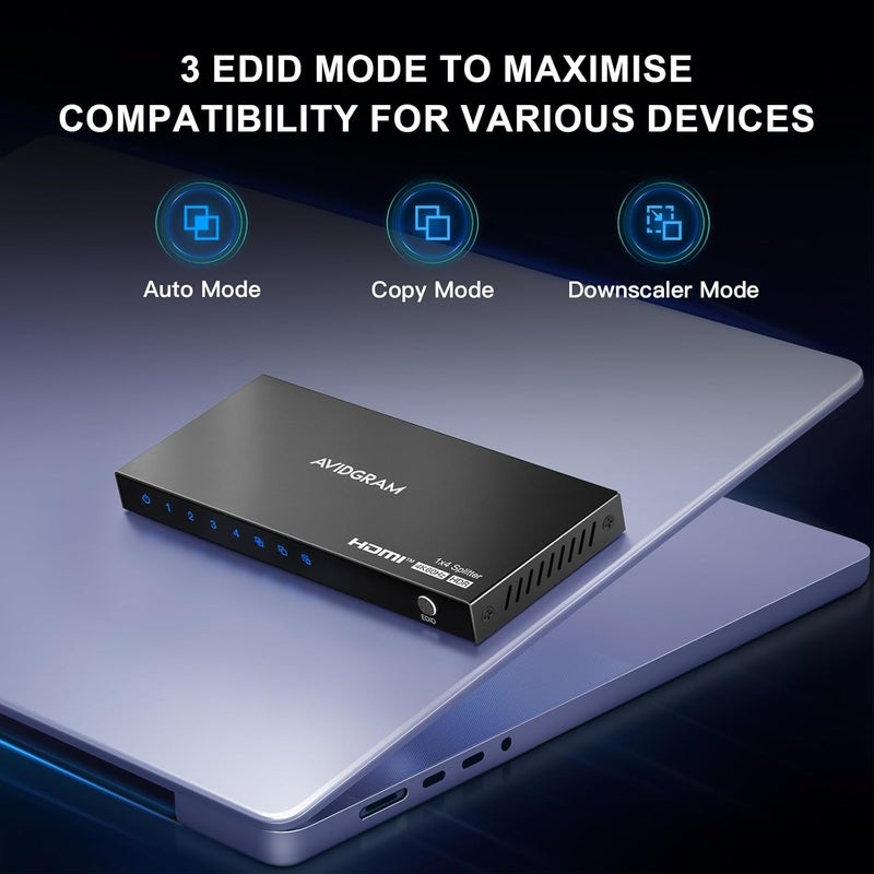 AVIDGRAM HDMI Splitter 1 in 4 Out 4K 60Hz 4:4:4, HDMI 4 Port Splitter with Copy, Downscaler, and Auto Mode for Four Identical Display Support 1080p 120Hz HDCP 2.2 HDR10 18Gbps 3D (Mirror Only) - Image 4